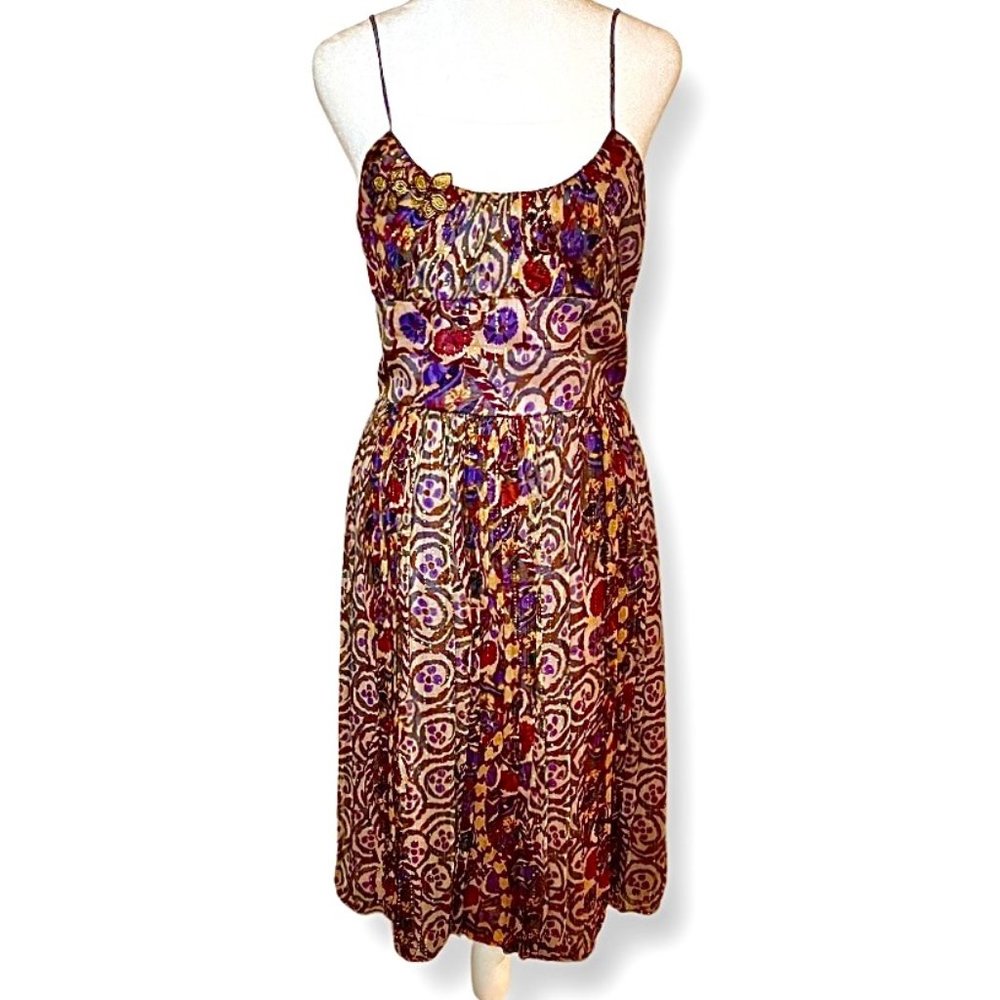 David Meister Floral Golden Thread Spaghetti Strap Cocktail Dress Size 4